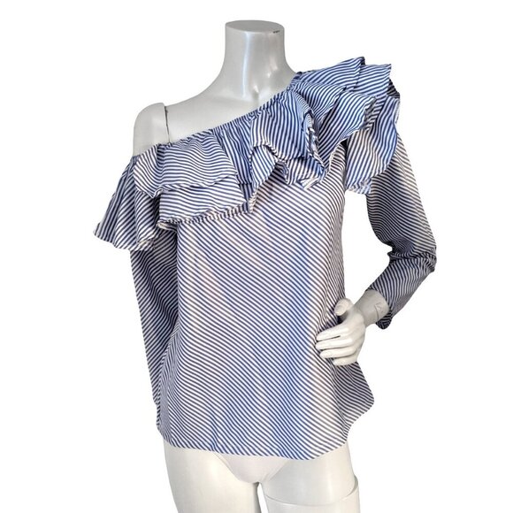 Asymmetrical Off Shoulder Ruffle Neckline Stripe Blouse Top Summer Blue White - Picture 2 of 6